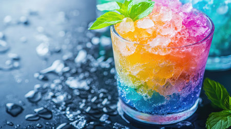 A refreshing rainbow drink served in a clear glass filled with crushed ice, garnished with mint leaves, perfect for summer parties and celebrations.の素材