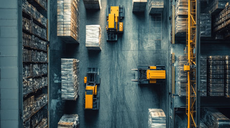 This aerial view captures an industrial warehouse scene with forklifts maneuvering between rows of pallets, showcasing efficient logistics and storage operations.の素材