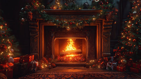 A cozy Christmas scene featuring a glowing fireplace surrounded by beautifully decorated trees, colorful gifts, and warm lights, creating a festive atmosphere.の素材
