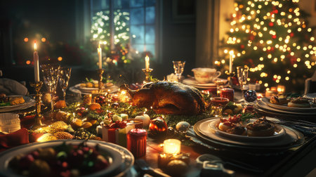 A beautifully arranged Christmas dinner table featuring a delicious turkey surrounded by festive decorations, candles, and sparkling lights, creating a warm, cozy atmosphere for holiday gatherings.の素材
