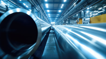 Wide view of industrial steel pipes arranged in a modern warehouse. Bright lighting highlights the clean and organized environment, showcasing advanced manufacturing processes.の素材