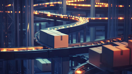 A detailed view of a conveyor belt system with packages in a modern warehouse setting, highlighting automated logistics and efficient transportation processes.の素材