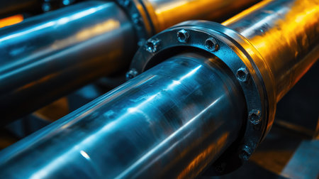 Close-up view of industrial steel pipes with flanges illuminated in low light, showcasing their smooth surface and robust construction, ideal for engineering contexts.の素材