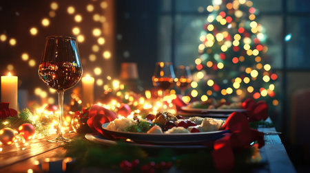 A beautifully arranged holiday table features a sumptuous feast, vibrant wine glass, soft candlelight, and a decorated Christmas tree in the background.の素材