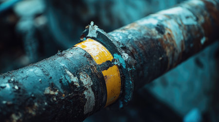 A close-up view of a rusty metal pipe featuring yellow tape wrapped around it, highlighting the wear and decay in an industrial setting.の素材
