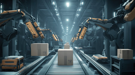 This image showcases advanced robotics in a modern automated warehouse, featuring robotic arms efficiently managing the transportation of packages along a conveyor system.の素材