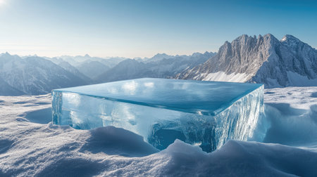A striking glacial ice block rests on a blanket of snow atop a mountain peak, framed by breathtaking mountain ranges under a clear blue sky.の素材
