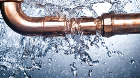 A dynamic image of a copper pipe immersed in a splash of water, showcasing motion and fluidity. Ideal for plumbing and industrial themes.の素材
