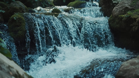 A stunning close-up of a mountain stream cascading over rocks, surrounded by lush greenery. This serene natural scene captures the refreshing essence of clear water flowing gracefully through the forest.の素材