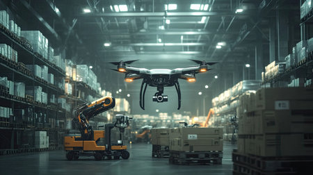 A sophisticated drone hovers in a spacious warehouse, showcasing the integration of technology for efficient logistics and inventory management. This scene captures modern automation and innovation in industry.の素材