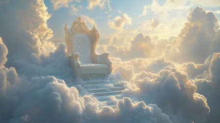 A stunning golden throne sits atop fluffy clouds, bathed in soft light. This serene scene evokes a sense of tranquility and fantasy, inviting imagination.の素材