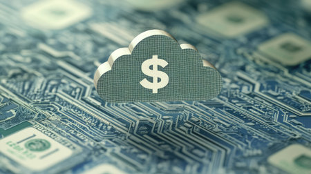 This image depicts a cloud storage concept featuring a dollar symbol, set against a circuit board background, symbolizing the intersection of finance and technology.の素材