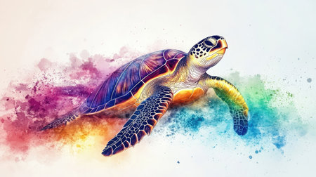 This vibrant illustration features a colorful sea turtle gracefully swimming underwater, showcasing the beauty of marine life in a creative and artistic style.の素材