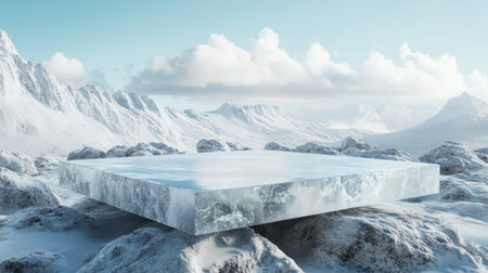 A striking ice platform sits amidst a snowy landscape, surrounded by majestic mountains and fluffy clouds. This tranquil scene embodies the beauty of winter and nature's wonders.の素材