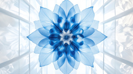 A stunning blue floral illustration features delicate petals arranged in a symmetrical pattern, radiating beauty and elegance for various creative projects.の素材