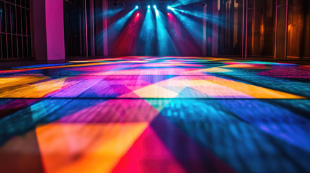 Captivating view of a dance floor illuminated by vibrant lights creating stunning color patterns. Perfect for showcasing nightlife and party atmosphere.の素材