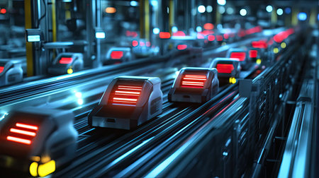 A futuristic conveyor system showcases efficiency in a modern warehouse setting, featuring automated machinery with red light indicators, highlighting cutting-edge technology.の素材