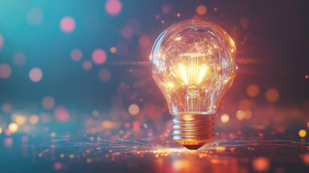 A stunning light bulb radiates a soft glow against a colorful background, symbolizing creativity and inspiration. Perfect for design and technology themes.の素材
