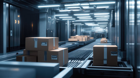 An industrial warehouse scene featuring an automated conveyor belt transporting packages. The modern environment highlights organization and efficiency in logistics and storage operations.の素材