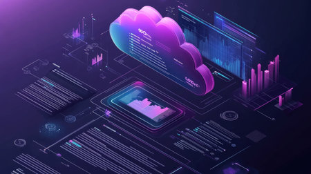 This vibrant, futuristic illustration showcases cloud technology and data visualization. Perfect for concepts of digital innovation, analytics, and modern software applications.の素材