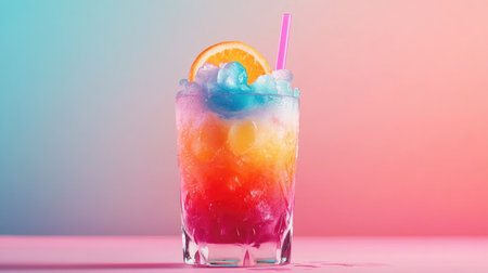 A vibrant tropical cocktail featuring layers of color, ice, and a slice of orange, perfect for summer parties and refreshing enjoyment.の素材