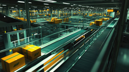 This image depicts a modern warehouse with an advanced conveyor belt system. The automated environment features neatly organized packages ready for efficient distribution and logistics operations.の素材