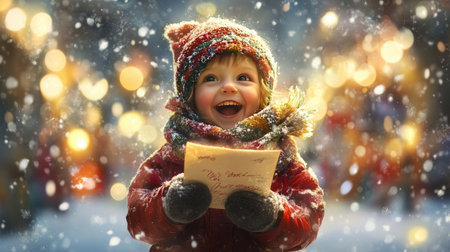 A joyful child in winter attire holds a letter while surrounded by snowflakes in a festive atmosphere, capturing the essence of childhood wonder and joy during the holidays.の素材