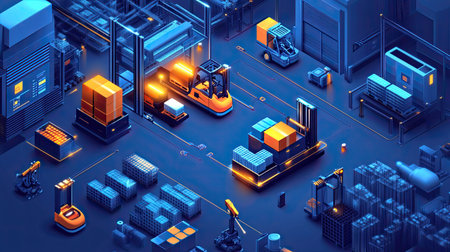 This image showcases a futuristic industrial warehouse featuring automated vehicles and advanced storage systems. The vibrant design highlights a modern approach to logistics and efficiency.の素材