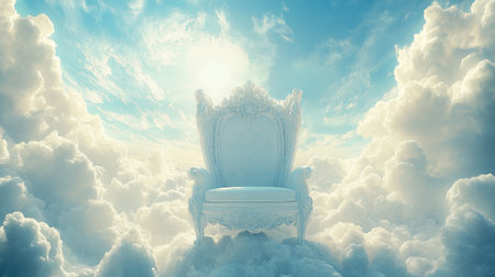 A stunning white throne enveloped by soft, fluffy clouds in a bright sky, evoking a sense of peace and serenity. Ideal for dreamy and ethereal themes.の素材