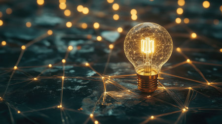 A glowing light bulb stands out against a backdrop of sparkling network connections, symbolizing creativity and innovation. The intricate design evokes a sense of modern technology.の素材
