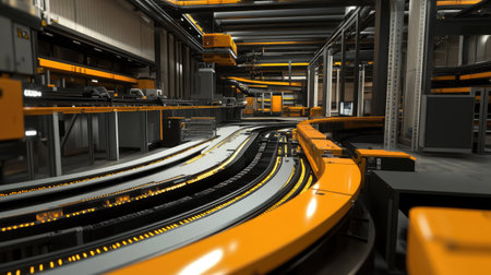This image depicts a modern automated warehouse showcasing a complex conveyor system. The vibrant design incorporates yellow and orange elements, emphasizing efficiency in industrial logistics.の素材