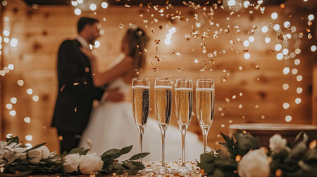 A romantic wedding scene featuring champagne glasses in the foreground, with a couple embracing in the background, surrounded by warm bokeh lights.の素材
