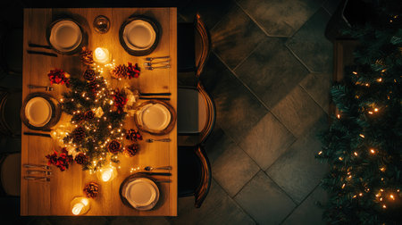 An inviting holiday table setting, featuring beautiful decorations with candles and pine cones, exuding a cozy atmosphere for festive gatherings and celebrations.の素材