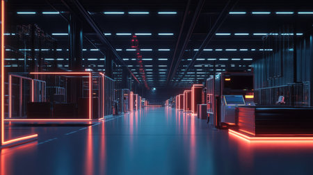 A modern futuristic warehouse interior featuring vibrant neon lighting and sleek lines. The space showcases advanced technology and a clean, organized layout perfect for industrial innovation.の素材