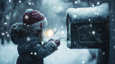 A young child in a warm winter coat and hat sends a letter from a snowy mailbox. The tranquil scene captures the festive spirit and joy of winter days.の素材