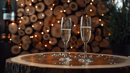 Two sparkling champagne glasses rest elegantly on a wooden table, surrounded by twinkling lights and rustic logs, creating a cozy and festive atmosphere perfect for celebrations.の素材