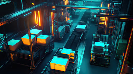 A modern warehouse scene showcasing conveyor belts, illuminated by neon lights. The space emphasizes automation and efficient logistics operations with neatly organized boxes ready for shipment.の素材