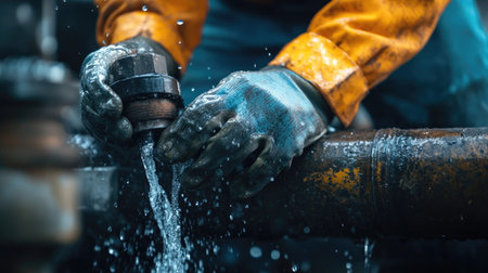 A closeup of a worker's hands repairing a leaking pipe in an industrial environment, showcasing gloves and tools amidst a spray of water, highlighting maintenance actions.の素材