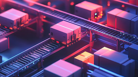 A vibrant image of an automated warehouse featuring conveyor belts transporting shipping containers. The scene showcases advanced technology in logistics and efficient operations.の素材