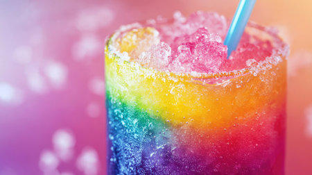 This vibrant rainbow ice drink showcases layers of colorful flavors and crushed ice. Perfect for summer parties, it adds a fun, refreshing touch to any celebration.の素材