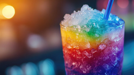 A stunning close-up of a colorful rainbow drink with crushed ice, showcasing vibrant layers of colors. Perfect for summer parties and nightlife events.の素材