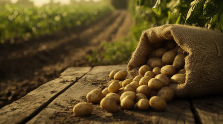 Fresh potatoes spill from a burlap sack onto a rustic wooden table, set against a backdrop of lush farm fields. The warm sunlight enhances the earthy tones, evoking a sense of agriculture and wholesome produce.の素材
