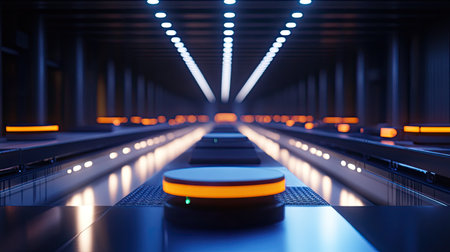 Explore a futuristic warehouse scene filled with neon lights and vibrant circular platforms. The design captures modern industrial aesthetics in a sleek and innovative environment.の素材