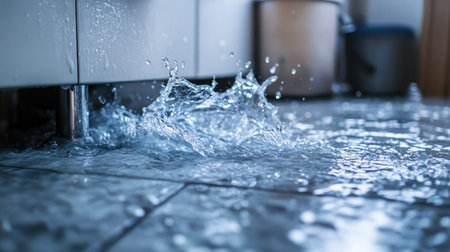 A dramatic closeup of water splashing on a tiled floor due to a leak from a kitchen sink. The scene reflects potential plumbing issues and emergency situations.の素材