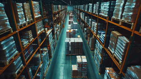 This image shows a vast warehouse filled with neatly organized pallets ready for shipping. The efficient layout highlights the logistics operations essential for modern commerce.の素材