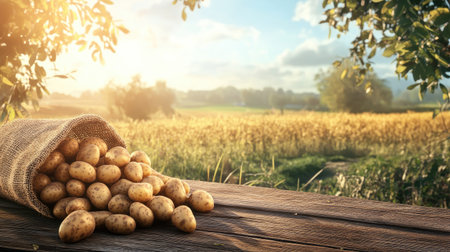 A picturesque scene showcasing freshly harvested potatoes spilling from a burlap sack onto a rustic wooden table, set against a vibrant countryside backdrop bathed in sunlight.の素材