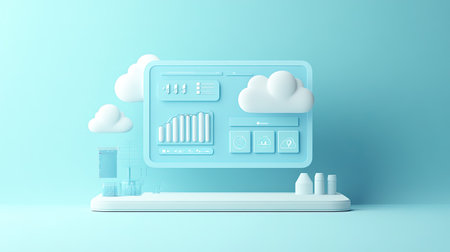 This image features a modern digital dashboard showcasing data visualization and cloud elements, emphasizing technology and creativity in analytics.の素材
