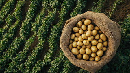 A burlap sack filled with freshly harvested potatoes rests on rich soil within a green field, showcasing the lush texture of agricultural land and crops.の素材