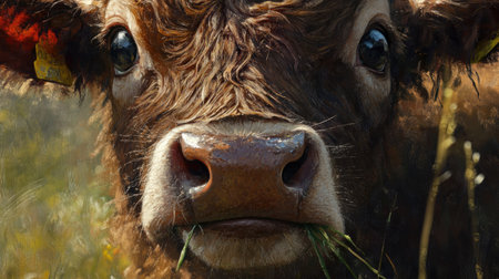 A captivating close-up of a brown calf peacefully chewing grass in a sunny pasture, showcasing its expressive eyes and furry texture, embodying rural charm.の素材