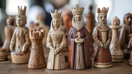 Explore a detailed close-up of handcrafted wooden chess pieces, showcasing exquisite craftsmanship and design. Ideal for game enthusiasts and collectors.の素材